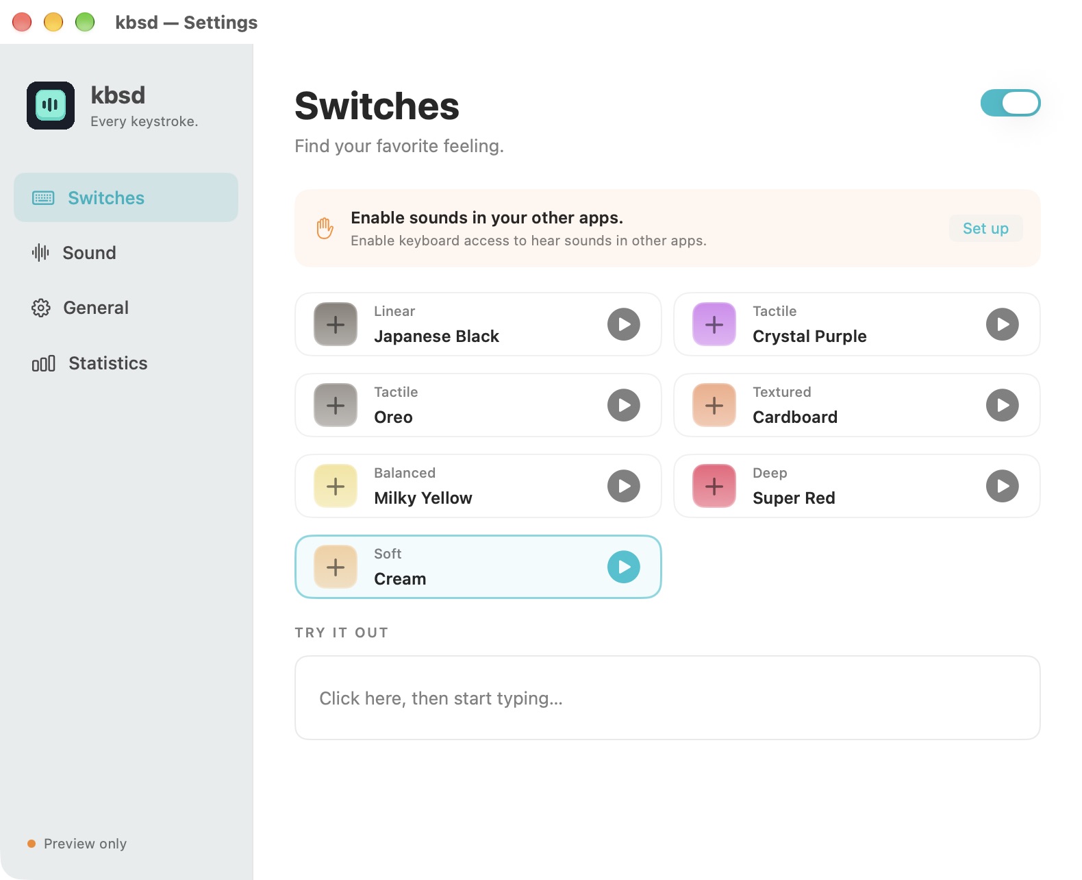 kbsd Mac app: seven sound sets with play buttons and sound settings